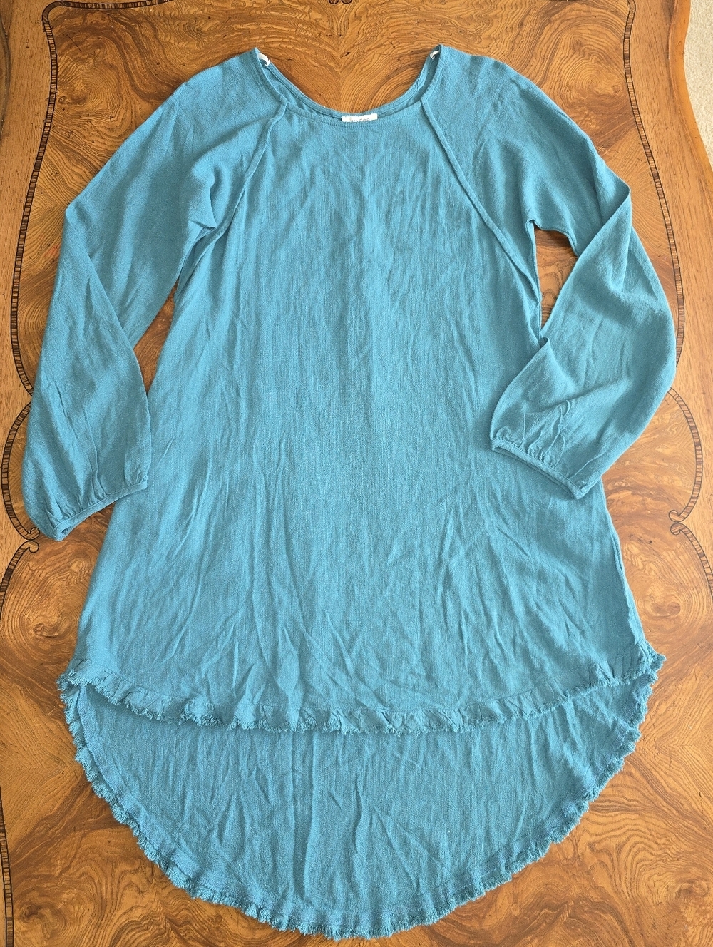 Umgee Linen Blend High-Low Frayed Hem Dress with Pockets, Teal, Womens Size S